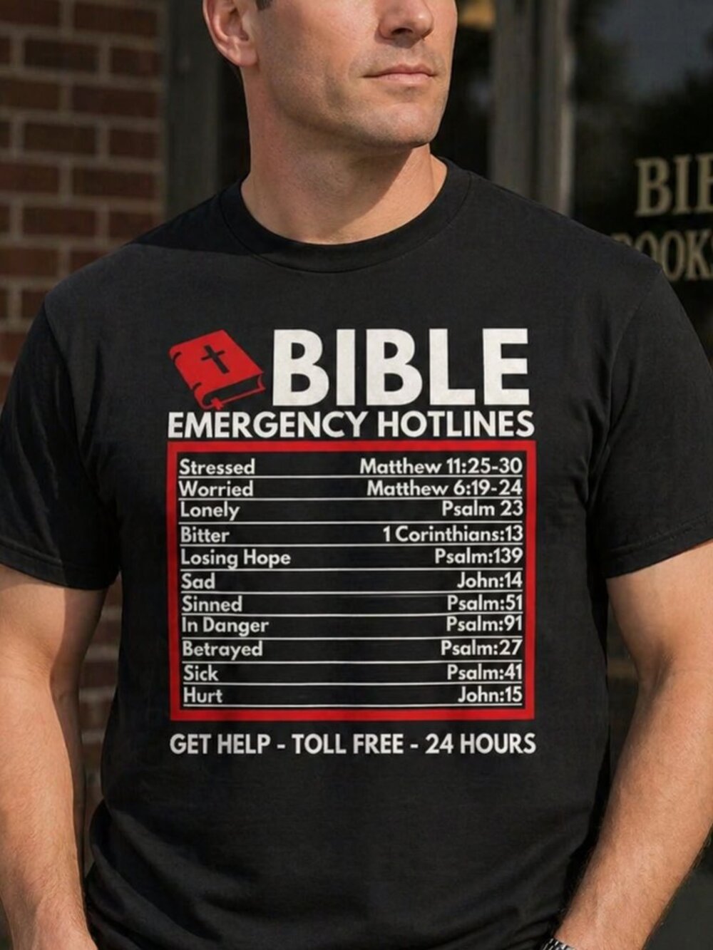 NWT! Mens XL Black Cotton T-shirt Christian Bible Emergency Hotline Womens Tee